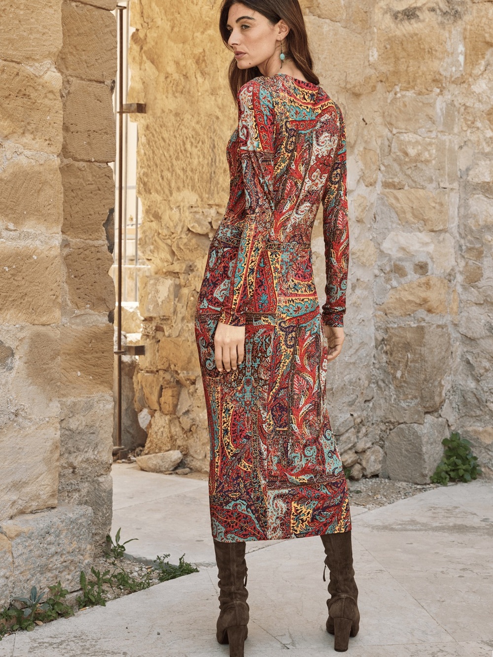 Peruvian Connection Midi Montallegro Dress Teal Blue Gold Red Long Sleeved - Picture 5 of 13
